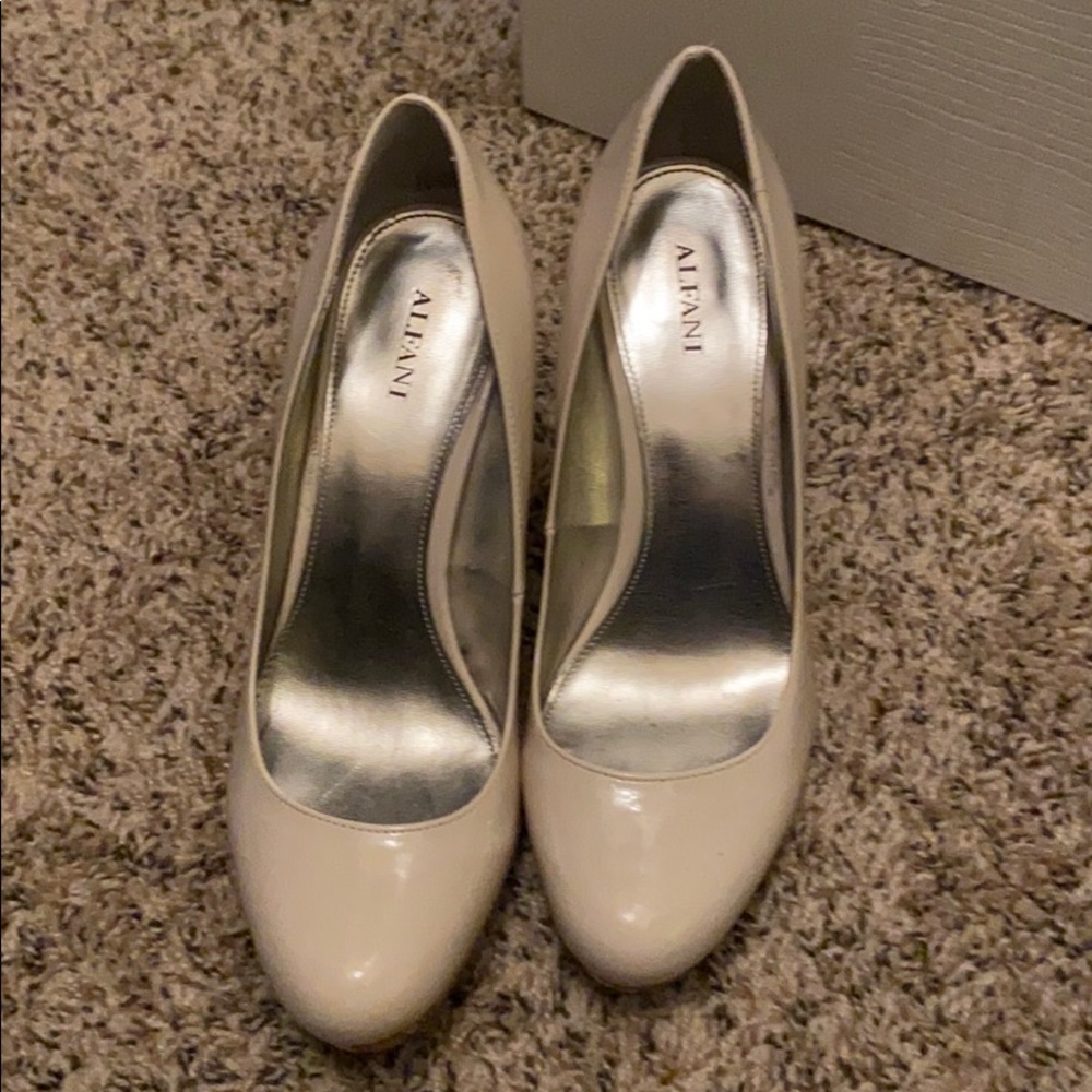 Alfani Paten leather white heels with cork accents